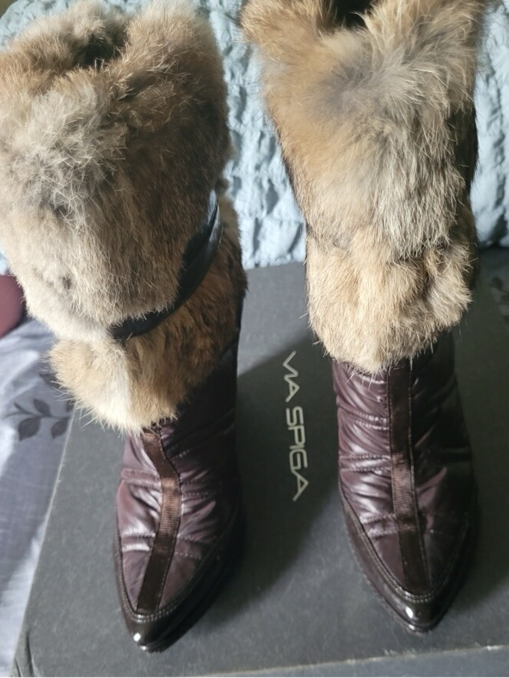 Via Spiga Brown Leather Pointed-Toe Fur Cuff Boots